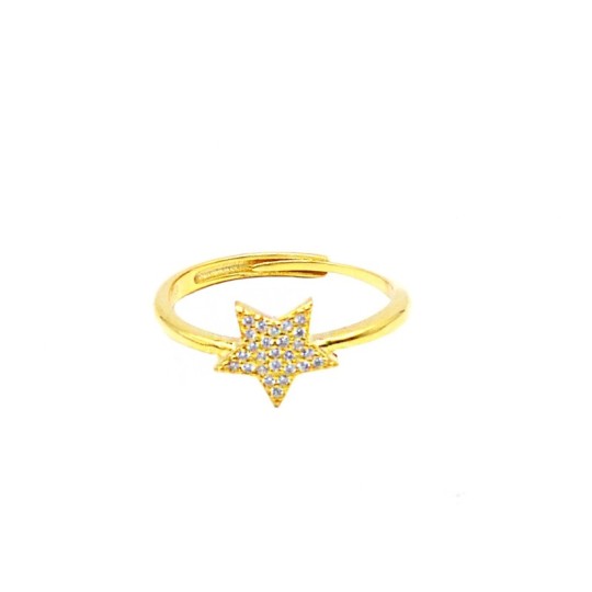 Adjustable ring with yellow gold plated white zircon star in 925 silver