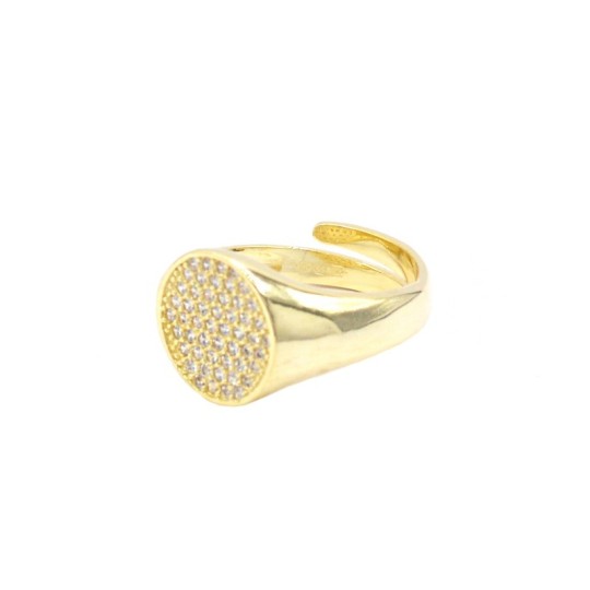 Round shield ring with pavé of white zircons yellow gold plated in 925 silver