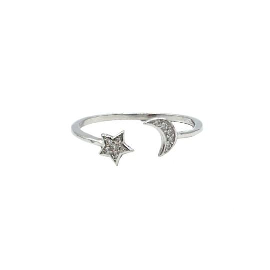 Adjustable ring with zircon moon and star white gold plated in 925 silver (size 12)