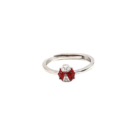 Adjustable ring with enamelled ladybug and white gold plated zircon in 925 silver