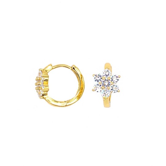 White semi-zircon hoop earrings with eye with pupil in turquoise paste and yellow gold plated snap closure in 925 silver