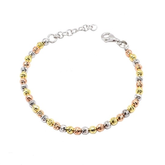 Bracciale a sfere con diamantatura a slash placcate oro giallo e rosa e bianche in argento 925