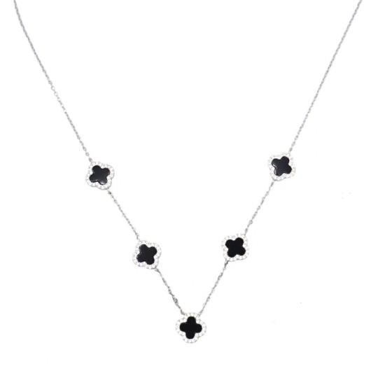 Collana ciondolo con 5 fiori in onice in cornice di zirconi bianchi placcato oro bianco  in argento 925