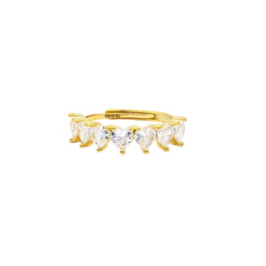 Adjustable ring with 7 hearts white bare stone yellow gold plated 925 silver