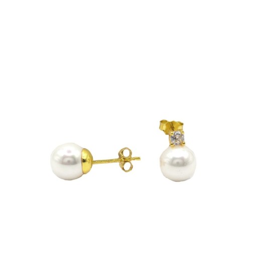 Lobe earrings with 14 mm pearl and white light point white gold plated in 925 silver