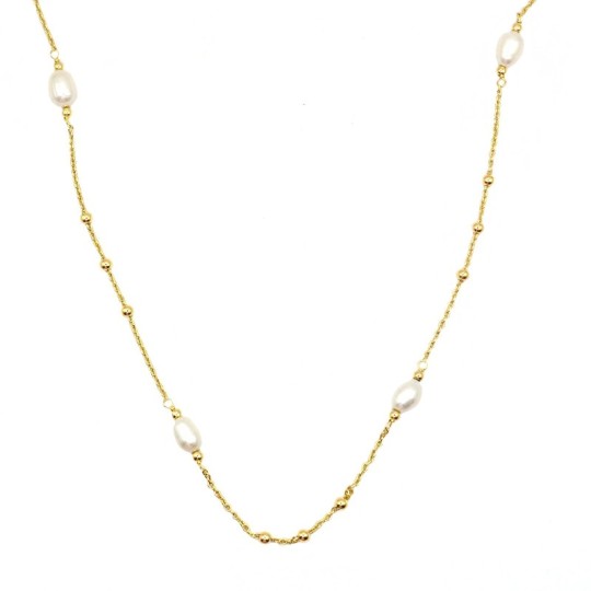 Alternating ball link necklace with yellow gold plated oval pearls in 925 silver