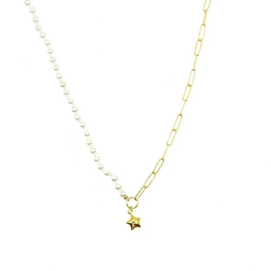 Half biscuit mesh and half pearl necklace with round wire shape and coupled star pendant yellow gold plated in 925 silver