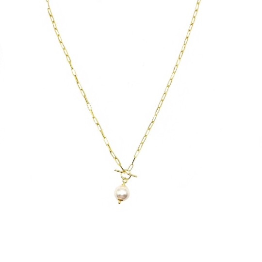 Biscuit link necklace with central T and yellow gold plated pendant pearl in 925 silver