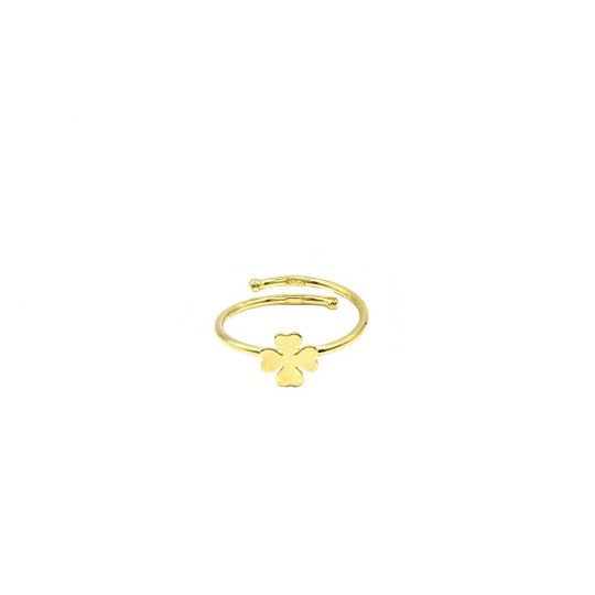 Adjustable wire ring with central plated four-leaf clover in yellow gold plated in 925 silver