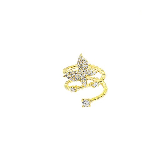 3-row dotted ring with butterfly with white cubic zirconia pavé and white light points yellow gold plated in 925 silver (size 12