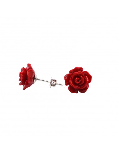 Red rose stud earrings in white gold...