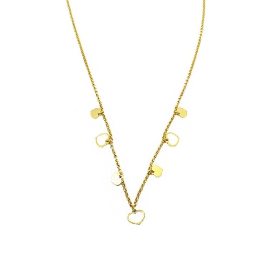 Collana maglia rollò diamantata con cuori pendenti a lastra e in madre perla placcati oro giallo in argento 925