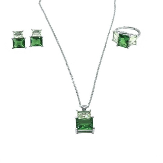 Parure con collana maglia rollò diamantata e ciondolo anello e una coppia di orecchini di zirconi rettangolari verde chiaro e ve