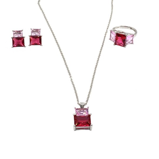 Parure con collana maglia rollò diamantata e ciondolo anello e una coppia di orecchini di zirconi rettangolari rosa e fuxia plac