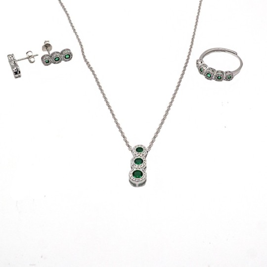 Set with diamond rolled mesh necklace with adjustable ring pendant and a pair of earrings with round green zircons in a frame of