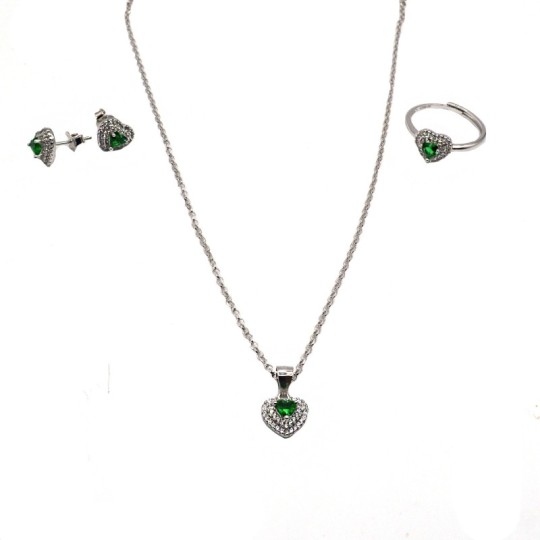 Parure con collana maglia rollò diamantata con ciondolo anello regolabile e una coppia di orecchini con zircone a cuore verde in