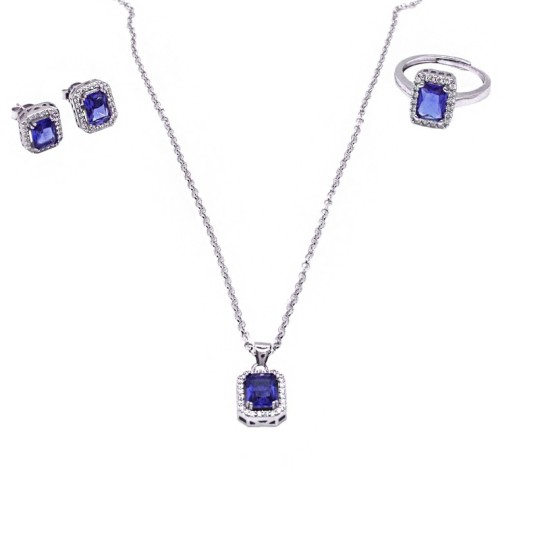 Parure con collana maglia rollò diamantata e ciondolo anello regolabile e una coppia di orecchini con zircone rettangolare blu i