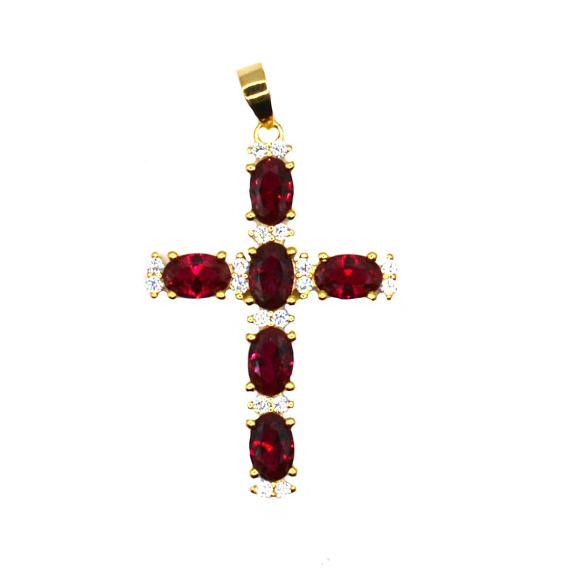 Cross pendant with red oval zircons...