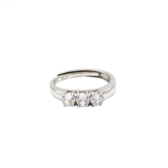 Adjustable trilogy ring with 4mm white zircons white gold plated in 925 silver