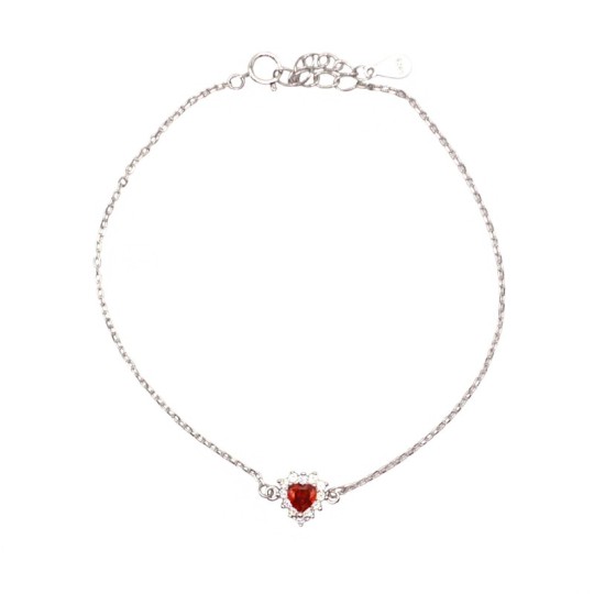 Bracciale maglia forzatina con cuore pierta centrale rossa con contorno di zirconi bianchi placcato oro bianco in argento 925