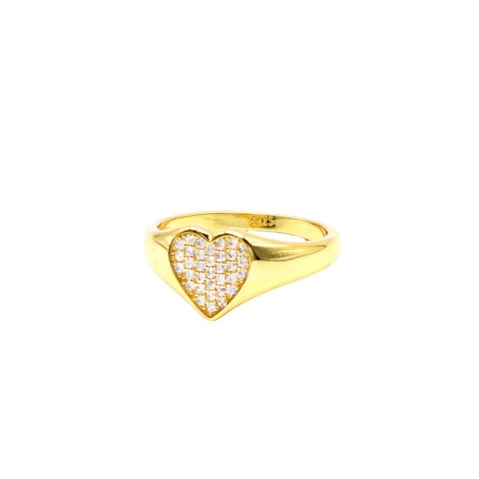 Yellow gold plated white zircon pavé heart shield ring in 925 silver