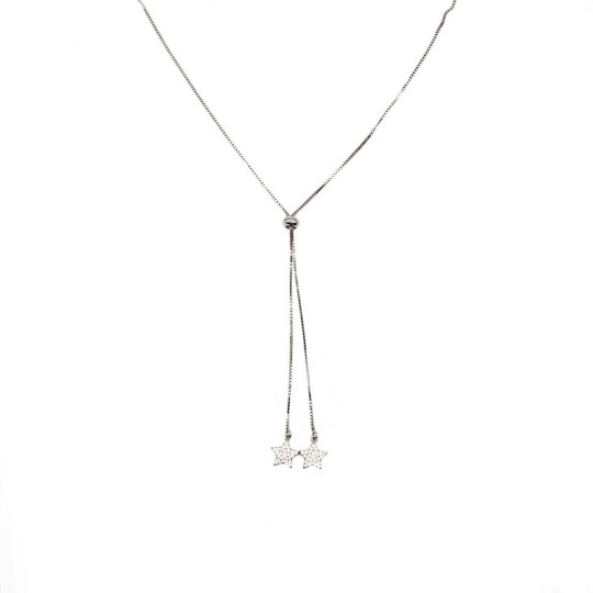 Venetian mesh latch necklace with white zircon pavé stars, white gold plated in 925 silver