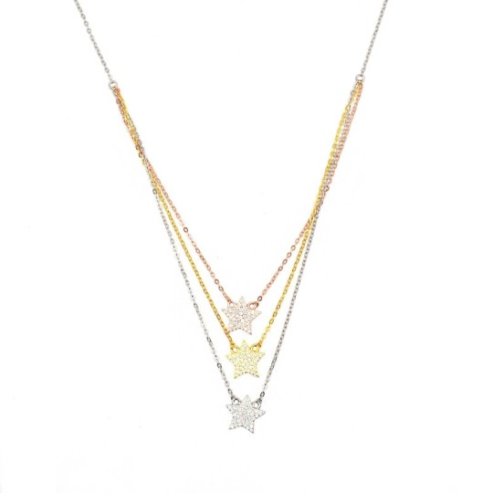 Forzatina link necklace with 3 segments of forzatina link plated in rose gold, yellow gold and white gold in 925 silver with cen