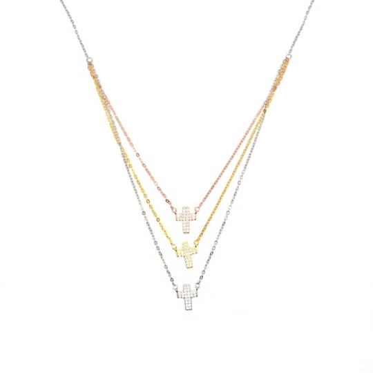 Forzatina link necklace with 3 segments of forzatina link plated in rose gold, yellow gold and white gold in 925 silver with cen