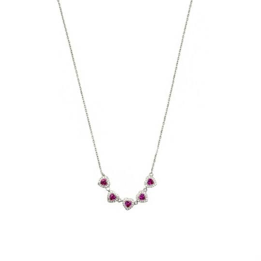 Forzatina link necklace with 5 red zircon hearts in a white zircon frame, white gold plated in 925 silver