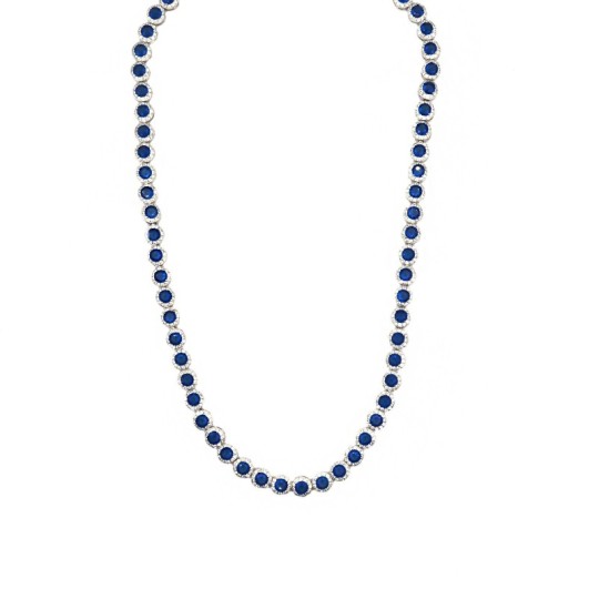 Collana con zirconi tondi blu in cornice di zirconi bianchi placcato oro bianco in argento 925