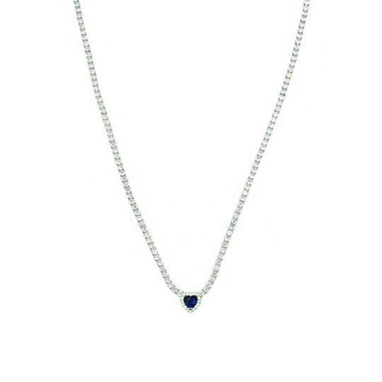 Collana tennis con cuore centrale di zircone blu in cornice di zirconi bianchi placcato oro bianco in argento 925