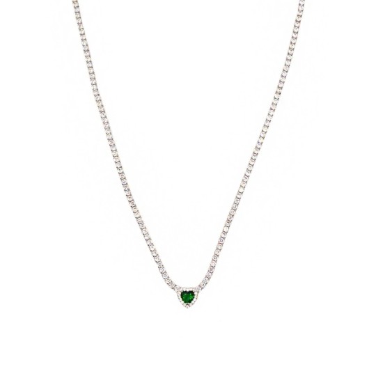 Collana tennis con cuore centrale di zircone verde in cornice di zirconi bianchi placcato oro bianco in argento 925