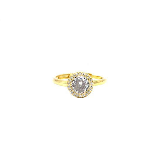 Adjustable solitaire ring in a yellow gold plated white zircon frame in 925 silver