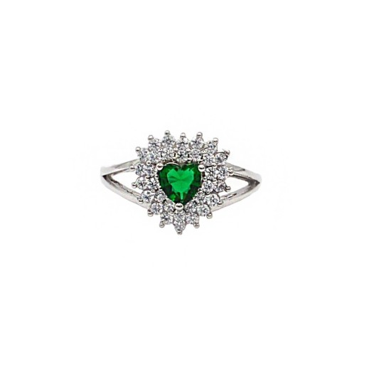 Anello regolabile con cuore di zircone verde in cornice a doppio filo di zirconi bianchi placcato oro bianco in argento 925