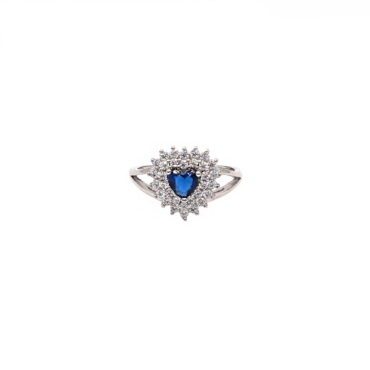 Anello regolabile con cuore di zircone blu in cornice a doppio filo di zirconi bianchi placcato oro bianco in argento 925