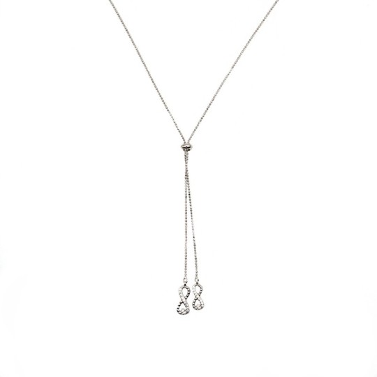 Diamond ball chain link necklace with infinity shape, white semi zircon, white gold plated in 925 silver