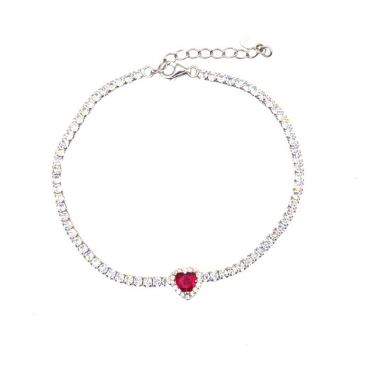 Bracciale tennis con cuore centrale zirconato rosso in cornice di zirconi bianchi placcato oro bianco in argento 925