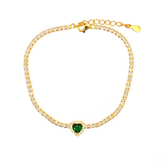 Bracciale tennis con cuore centrale zirconato verde in cornice di zirconi bianchi placcato oro giallo in argento 925