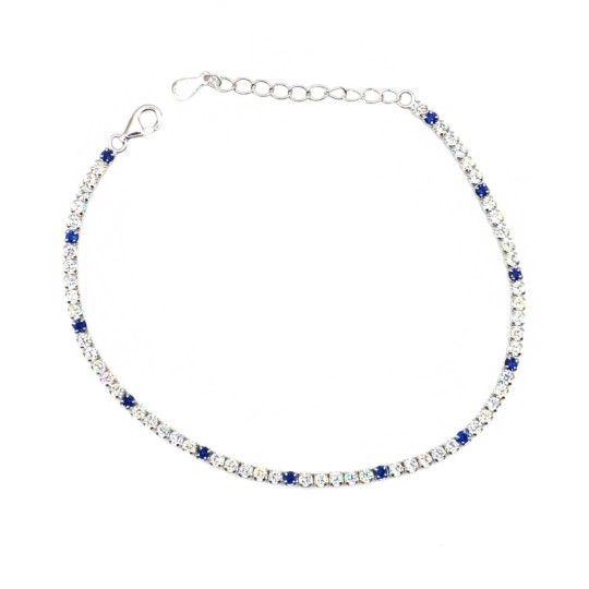 Bracciale tennis con 5 zirconi bianchi e 1 blu da 2 mm placcato oro bianco in argento 925