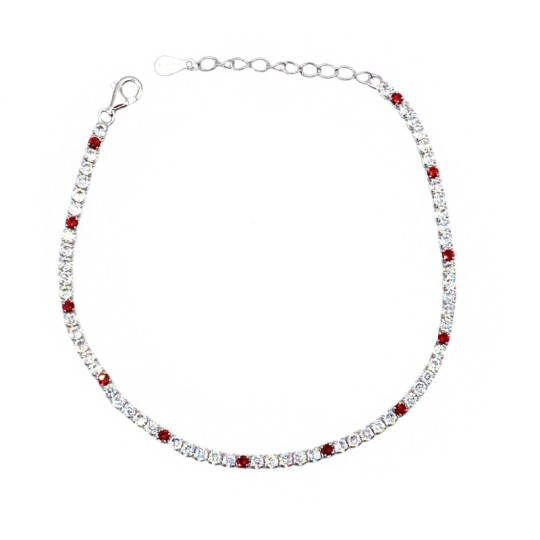 Tennis bracelet with 5 white and 1 red zircons of 2 mm white gold plated in 925 silver