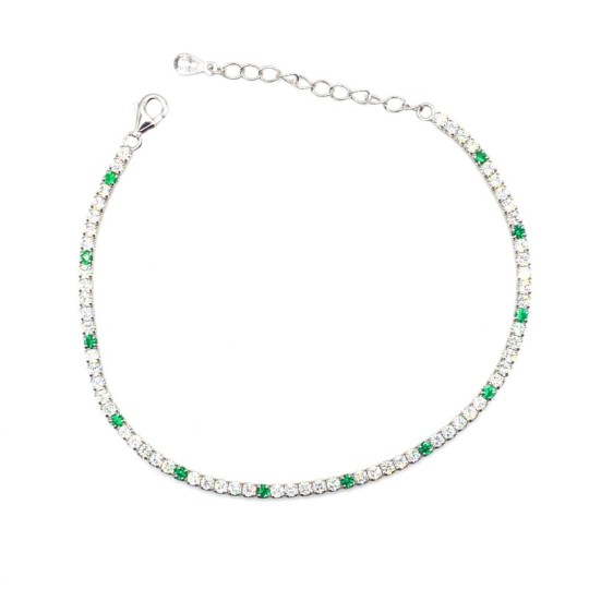 Bracciale tennis con 5 zirconi bianchi e 1 verde da 2 mm placcato oro bianco in argento 925