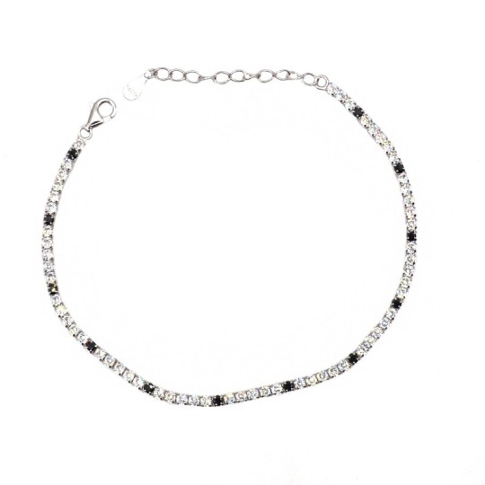 Tennis bracelet with 5 white zircons and 1 black 2 mm white gold plated in 925 silver