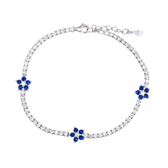 Bracciale tennis con fiori di zirconi blu placcato oro bianco in argento 925