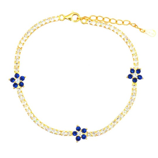 Tennis bracelet with yellow gold plated blue zircon flowers in 925 silver