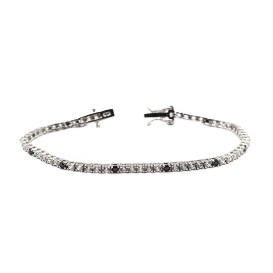 Tennis bracelet with 5 white zircons and 1 black 2 mm white gold plated in 925 silver