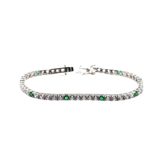 Bracciale tennis con 5 zirconi bianchi e 1 verde da 3 mm placcato oro bianco in argento 925