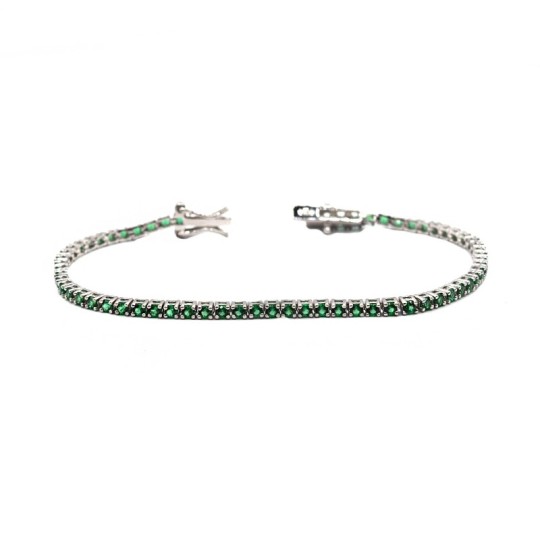 Tennis bracelet with 2mm green zircons white gold plated in 925 silver