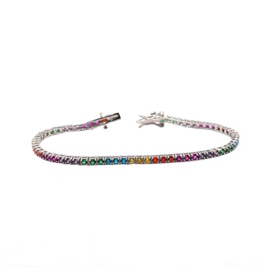 Tennis bracelet with 2mm multicolor zircons white gold plated in 925 silver