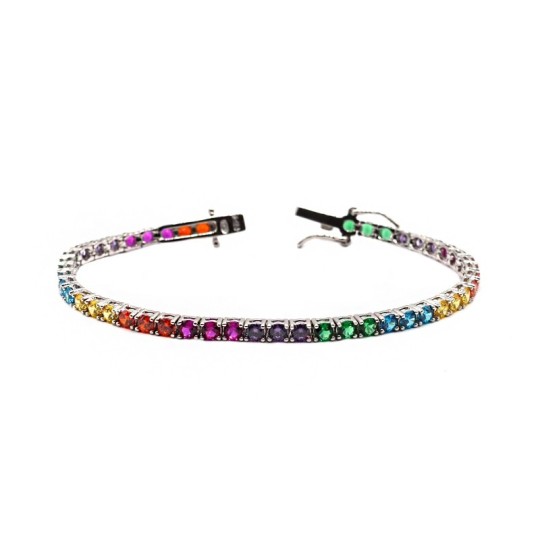 Tennis bracelet with 3mm multicolor zircons white gold plated in 925 silver