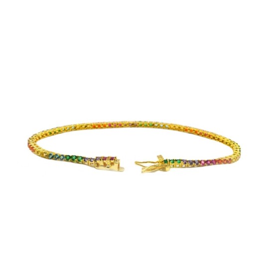 Yellow gold plated tennis bracelet with 2mm rainbow zircons. in 925 silver